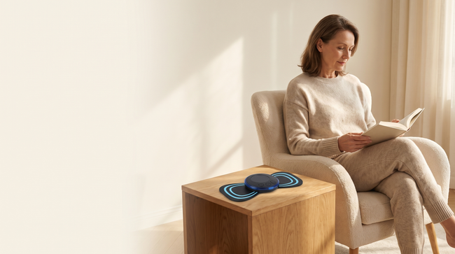 Illustrative Selorive scene: woman reading with a massage pad resting on a table