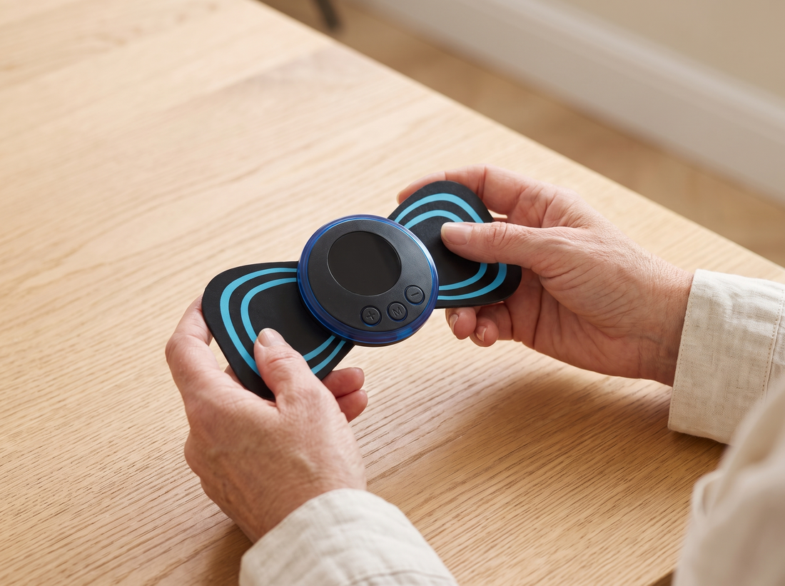 Illustrative close-up of hands holding the switched-off Selorive Mini